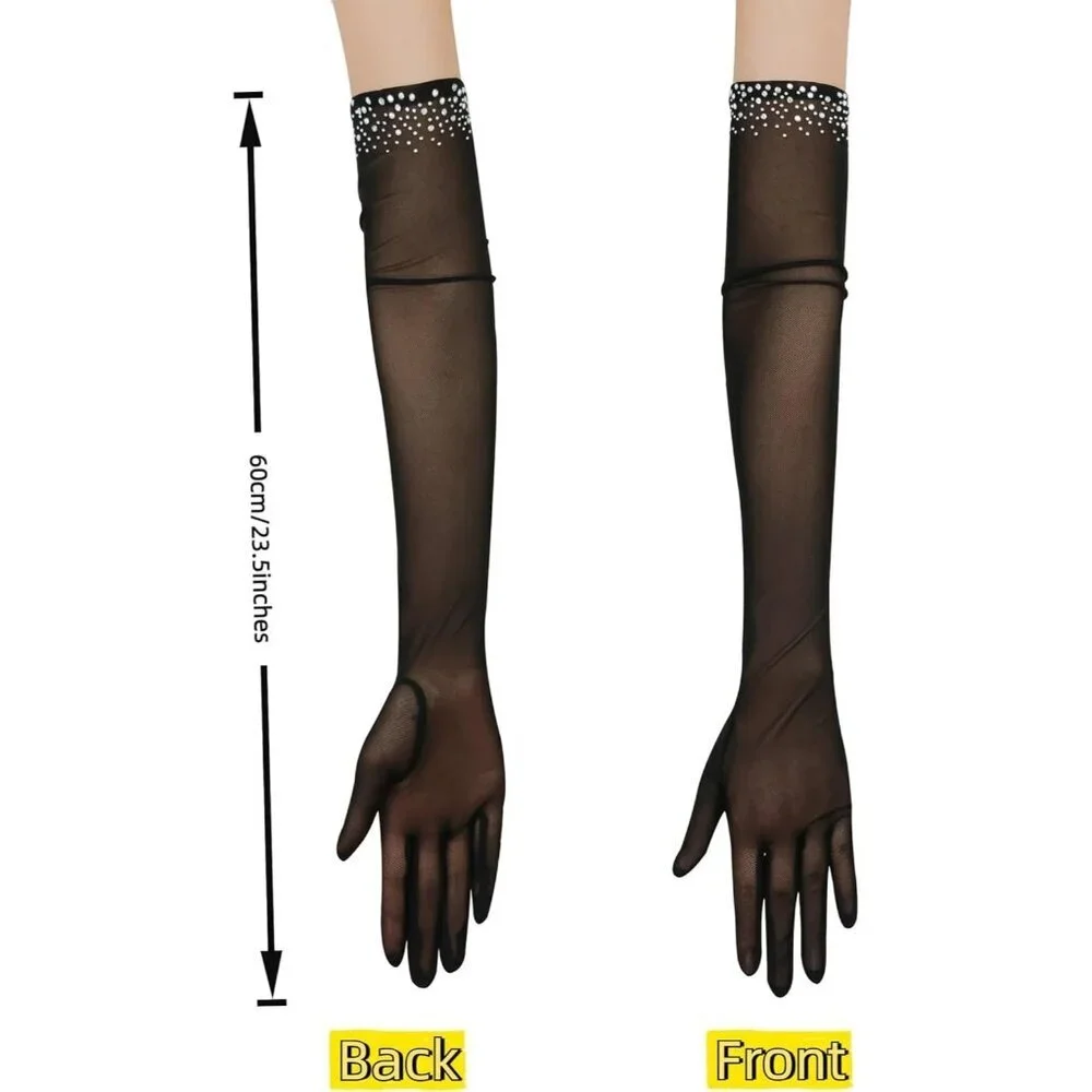 Women's Sexy Pearl Dark Red Beaded Long Gloves Tulle Mesh Wedding Party Prom - Picture 4 of 7